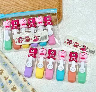 Kit Marca Caneta de Papelaria Urso Morango 6 Cores Kawaii Fofa