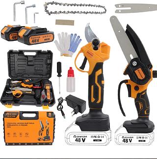 Kit Motosserra e Tesoura de Poda Bivolt com 02 Baterias e Maleta para Jardinagem Completa