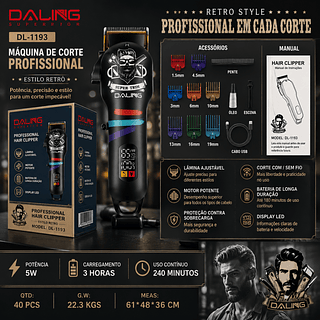 Máquina de Cortar Cabelo Profissional Sem Fio Daling DL-1193 Bateria Li-ion 240min