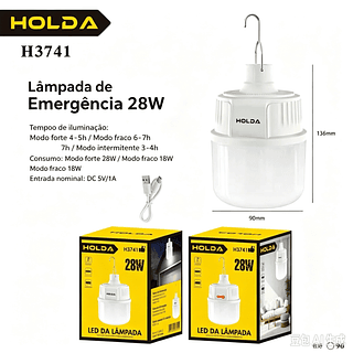 Lâmpada LED Recarregável Portátil 28W Luz Forte Fraca Camping Bancada