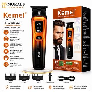 ￼Máquina Kemei KM-037, corte zero, visor LCD, bateria 1200mAh e carregamento USB