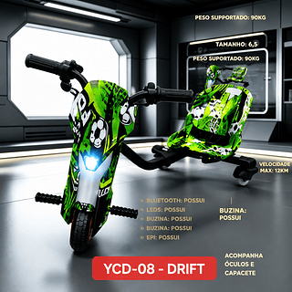 Triciclo elétrico infantil de 6,5 polegadas e 300W com luzes LED, Bluetooth, 3 velocidades e equipamentos de proteção (capacete, joelheiras e cotoveleiras).ycd-