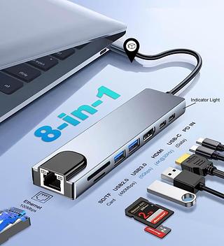 Adaptador Hub USB Tipo-C 8 em 1 para MacBook e Notebook/PC HDMI 4K, RJ45, USB 3.0, Leitor SD/TF e PD