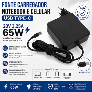 Fonte Carregador P/ Notebook Lenovo Dell Hp 65w Type-c Usb-c