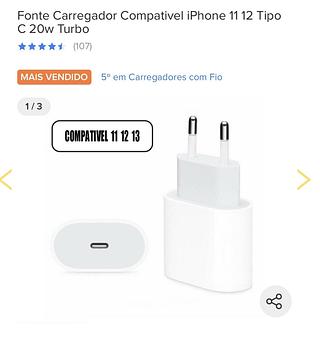 Fonte com 1hora carrecavel bateria 100% TURBO 1:1 FABRICA Carregador Compativel iPhone 11 12 Tipo C 20w Turbo