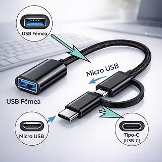 Adaptador OTG 2 em 1 USB 3.0 Tipo-C e V8 Para Ler Pendrive no Celular Samsung Xiaomi Envio Imediato