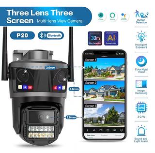 ￼Câmera Segurança Externa 4K Wi-Fi 3 Lentes 360°, Zoom Ótico IA Detecta Pessoa Animal Visão Noturna，Bluetooth