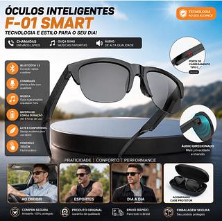 Óculos Inteligente Bluetooth com Áudio Integrado F-01 | Som Open-Ear, Microfone, Proteção UV, Carregamento Tipo-C