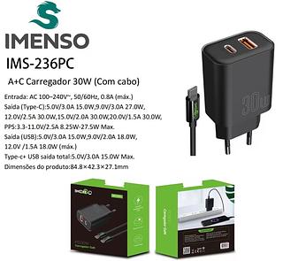 Carregador Turbo Entrada Dupla USB-A e USB-C saída Tipo C