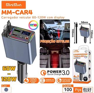 120W Carregador de carro retrátil com luz LED Carregamento Rápido no Teto do Veículo para iPhone e Celulares Samsung