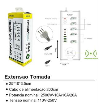 Filtro de linha Regua de Tomadass 5tomadas 3USB 3Tipo C E INDUÇÃO UNIVERSAL—BMAX