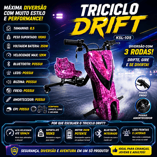 Triciclo elétrico infantil de 8,5 polegadas e 350W com luzes LED, Bluetooth, 3 velocidades e equipamentos de proteção (capacete, joelheiras e cotoveleiras)