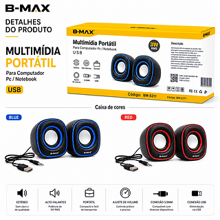 CAIXA DE SOM MULTIMIDIA HAYOM, PARA PC, USB, 3W2, PRETO E AZUL -