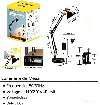 ￼Luminária de Mesa Articulada Pixar com Base ou Garra 2 em 1 Abajur Flexível LED para Escritório—BMAX