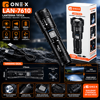 ￼Lanterna Tática Recarregável Onex Lan 7610 LED P50 1200 Lúmens Zoom USB Super Potente 100 Modos IP65 de litio 18650