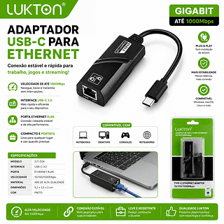 Cabo Adaptador USB-C Hub 3.0 PARA RJ45 Ethernet Gigabit 10/100/1000Mbps
