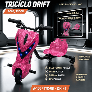 Triciclo elétrico infantil de 6,5 polegadas e 300W com luzes LED, Bluetooth, 3 velocidades e equipamentos de proteção (capacete, joelheiras e cotoveleiras).ycd-