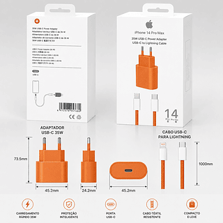 Carregador Turbo Tipo C para iPhone 35W Iphone 14 Pro Max Cor Laranj