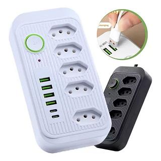 Extensão 5 Tomadas 4 USB 2 TypeC Universal Bivolt 2m Filtro De Linha Segurança