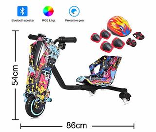 Triciclo elétrico infantil de 6,5 polegadas e 150W com luzes LED, Bluetooth, 3 velocidades e equipamentos de proteção (capacete, joelheiras e cotoveleiras).ycd-