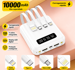 Carregador Portátil Power Bank 10000mAh Portátil com 4 Cabos e Indicador LED Digital ONELIFE—COR BRANCO