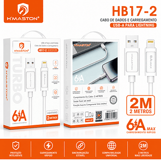 ￼Cabo Carregador Turbo 6A H'Maston HB17 2Metros USB Carregamento Rápido Reforçado para Android e iPhone
