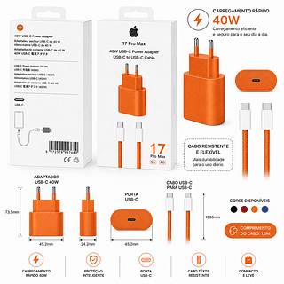 Carregador Turbo Tipo C para Tipoc 40w，Iphone 17 Pro Max Cor Laranja