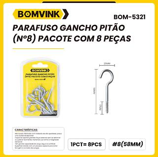 PARAFUSO GANCHO PITÃO(N°8) PACOTE COM 8 PEÇAS
