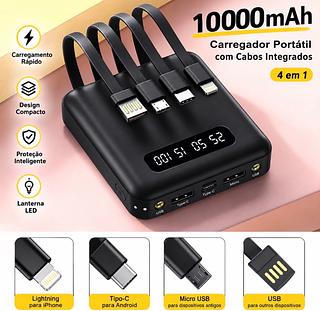Carregador Portátil Power Bank 10000mAh Portátil com 4 Cabos e Indicador LED Digital ONELIFE—COR PRETO