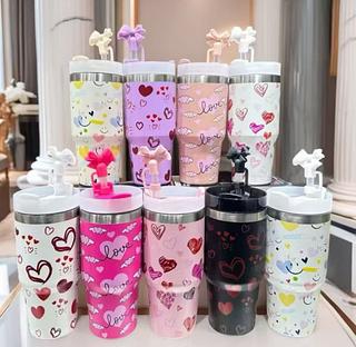 Copo Térmico 1200ml com Alça e Canudo – Estampa de Corações