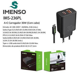 Carregador Turbo 30W Entrada Dupla USB-A e USB-C saída Lightning