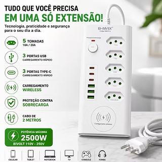 Filtro de linha Regua de Tomadass 5tomadas 3USB 3Tipo C E INDUÇÃO UNIVERSAL—BMAX