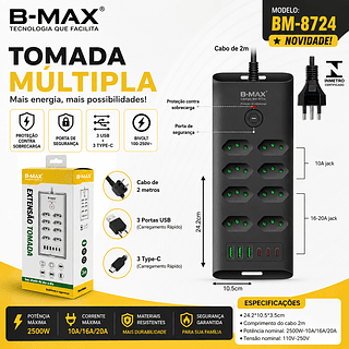 COIBEU Filtro de Linha 5 Tomadas + 3 USB + 3 Type-C, 2500W, 10A
