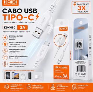 Cabo Usb Tipo - C, Kaidi Branco 1 Metro 3.0a Branco
