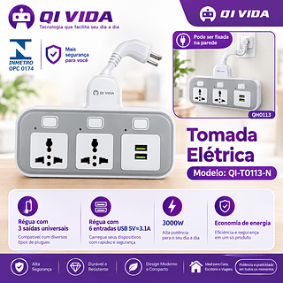 Tomada Régua com 3 saídas universais Régua com 6 entradas USB 1.8M—TOP