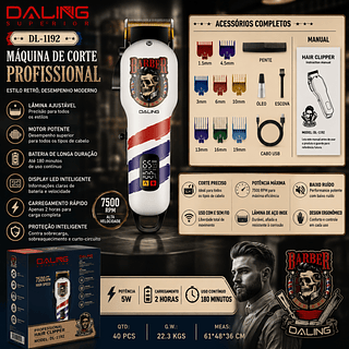 Máquina de Cortar Cabelo Profissional Sem Fio Daling DL-1192 Bateria Li-ion 240min