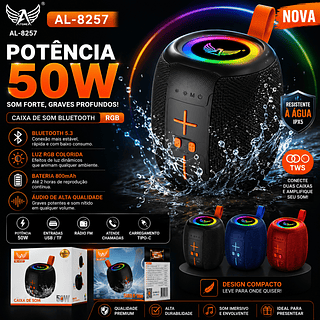 Caixa de som portátil Bluetooth Altomex 50W TWS LED/USB/SD/FM com graves potentee