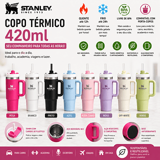 ￼Copo térmico de aço inoxidável 420ml com alça e canudo