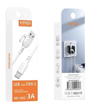 Cabo Usb Tipo - C, Kaidi Branco 1 Metro 3.0a Branco