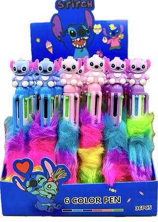 Caneta Pelúcia Luxo Stitch 6 Cores Esferográfica Papelaria Fofa Kawaii Material Escolar Presente