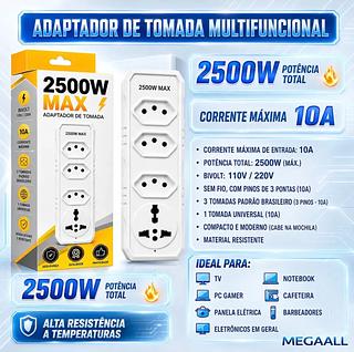 Adaptador para tomada，4tomadas 10A/2500w cor Branco