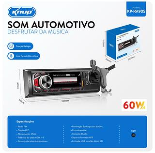 ￼Rádio para Carro Bluetooth MP3 Display LED 60W x4 Com Microfone e Entrada Auxiliar Suporte para Celular