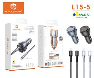 H'maston L15-5Carregador Veicular Turbo USB e Tipo C Led Fonte Carro Automotivo Original