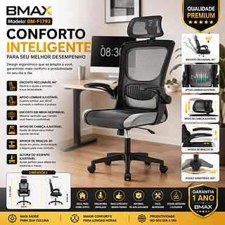 Cadeira Ergonômica Escritório Ajustável Reclinável Apoio Lombar Tela Mesh Confortável—BMAX