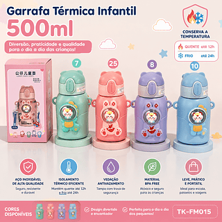 Garrafa térmica infantil com canudo e alça 500ml Copo em aço inox