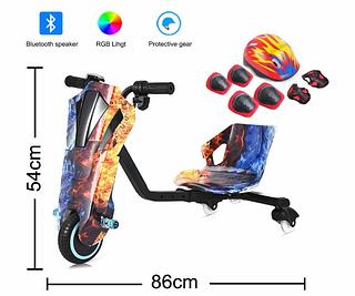 Triciclo elétrico infantil de 6,5 polegadas e 150W com luzes LED, Bluetooth, 3 velocidades e equipamentos de proteção (capacete, joelheiras e cotoveleiras).ycd-