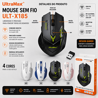 Mouse Gamer Sem Fio Recarregável UltraMax ULT-X185 Bluetooth e USB 2.4GHz Ergonômico 1600 DPI