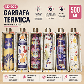 Garrafa Térmica Aço Inox Água Gelada Garantida Por 24 Horas Estampas Diversas 500ml Trabalho Escola
