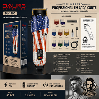 Máquina de Cortar Cabelo Profissional Sem Fio Daling DL-1190 Bateria Li-ion 240min