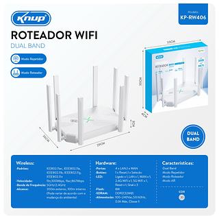 ￼Roteador Wi-Fi 5g Dual Band 1200Mbps 8 Antenas Gigabit Alta Performance 1200M Knup KP-RW406G